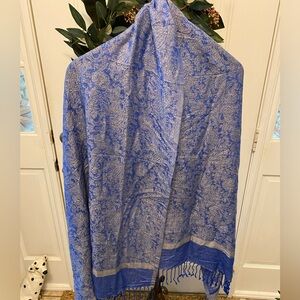 Pashmina Blue Silk Paisley Scarf with Fringe